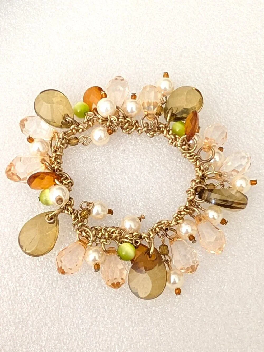 Pale green, orange, faux pearl stretch bracelet